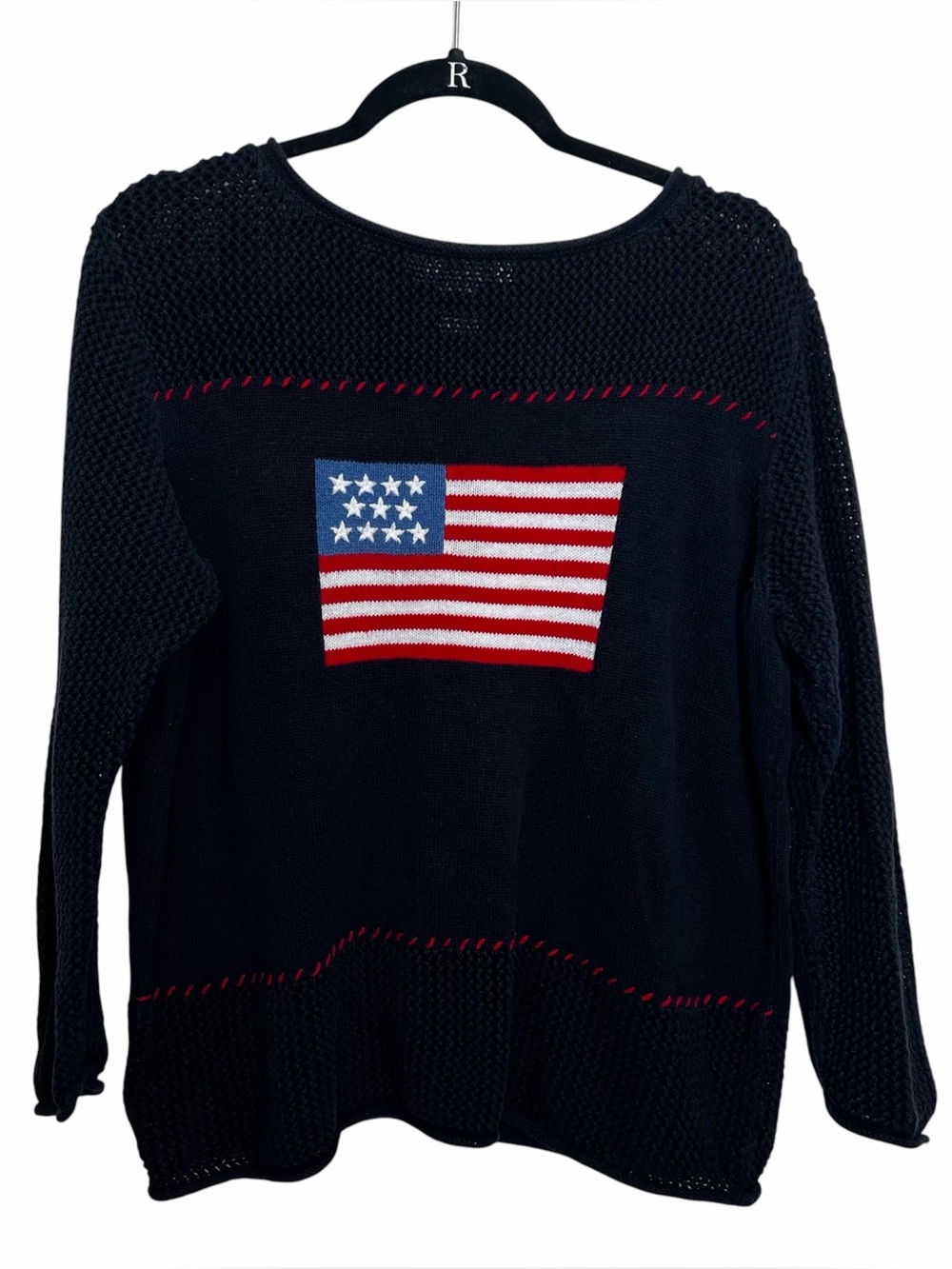 Vintage Norton Studio Knit Navy American Flag Sweater Sz 1X Preppy Patriotic
